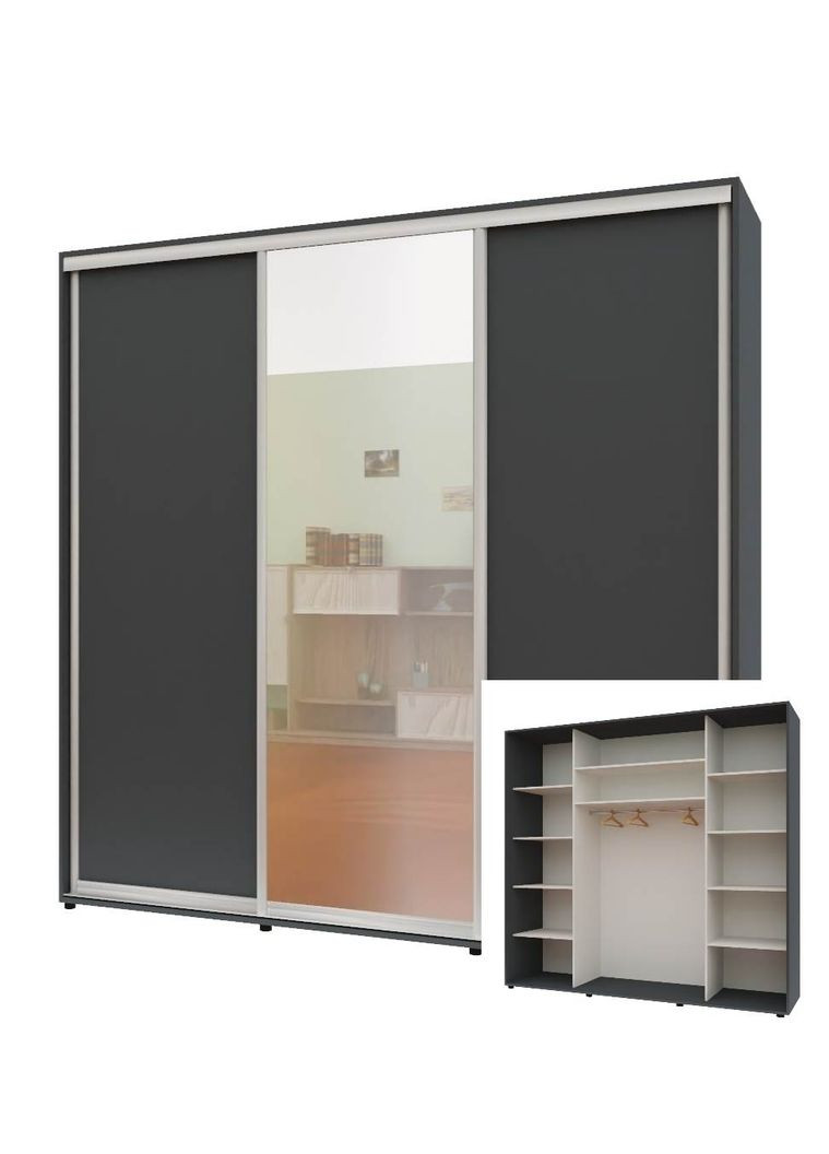 Шафа-купе тридверна 210*60*210 см Графіт ДСП + Дзеркало + ДСП Максі Комфорт Меблі (360435901)