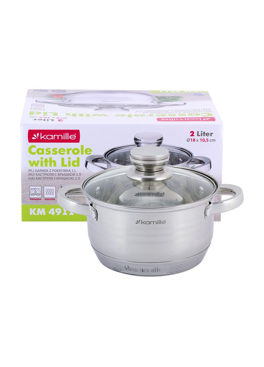 Каструля з кришкою 2.0 л з нержавіючої сталі і порожнистими ручками для індукції і газу KM-4911 Kamille (371898203)
