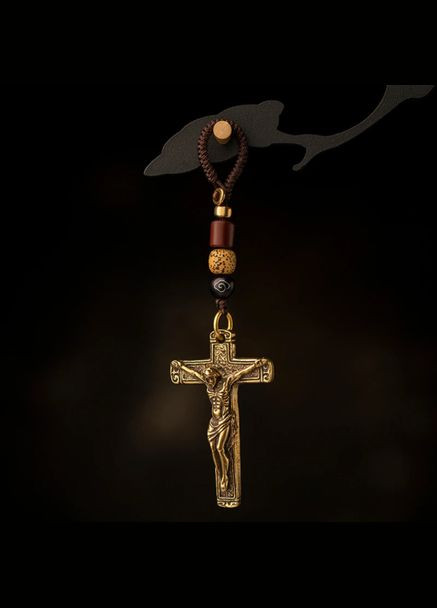 Вінтажний ретро мідний латунний металевий автомобільний брелок статуетка підвіска з хрестом Ісуса No Brand (281547950)