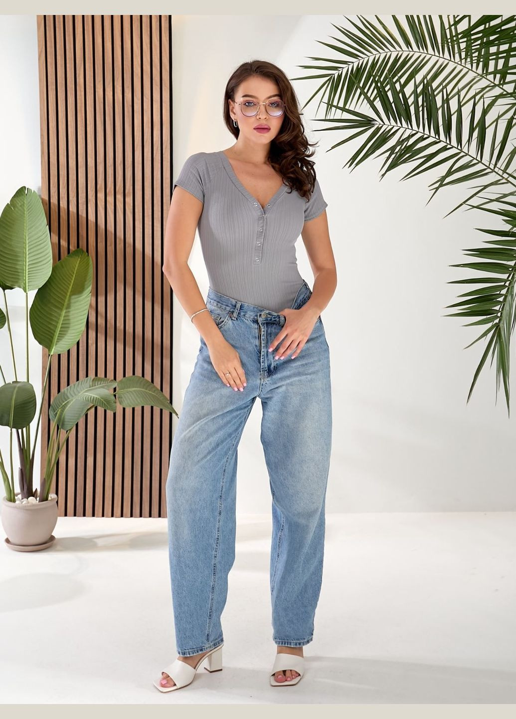 Женский боди рубашка трикотаж на кнопках на груди с коротким рукавом серый You Best (335980185)