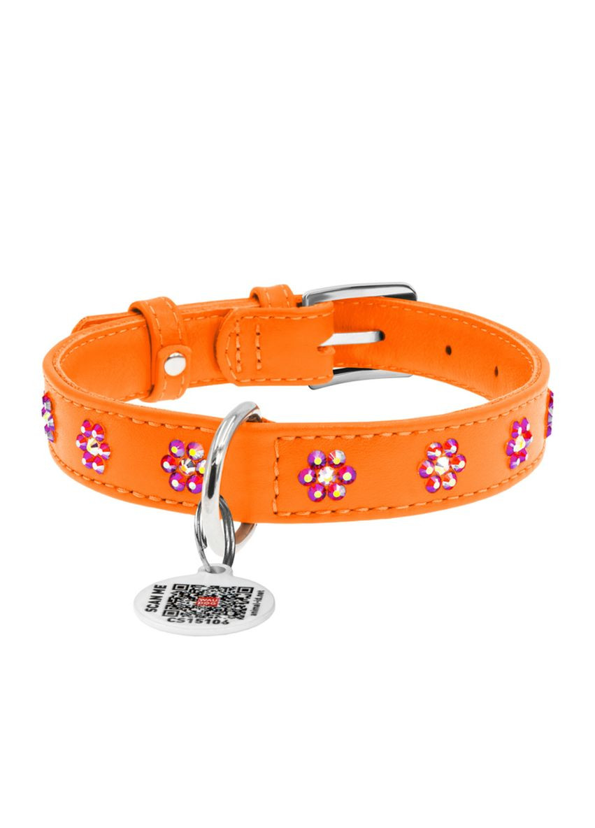 Нашийник для собак шкіряний Glamour з клейовими стразами "Квіточка" Ш 20 мм Д 30-39 см Жовтогарячий WAUDOG (322327886)