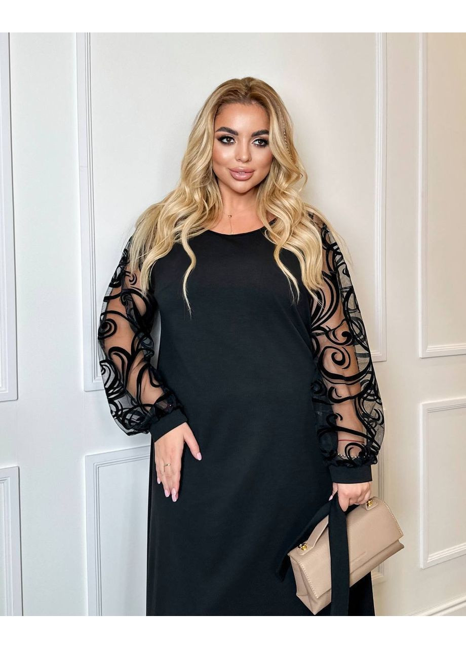 Черное праздничный женское платье меди с объемными рукавами из сетки MonCher