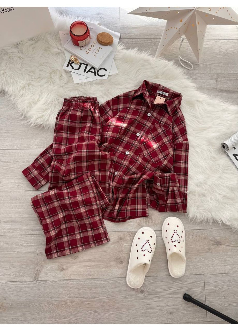Бордова всесезон піжама 806 фланель туреччина,клітинка,штани та сорочка Україна