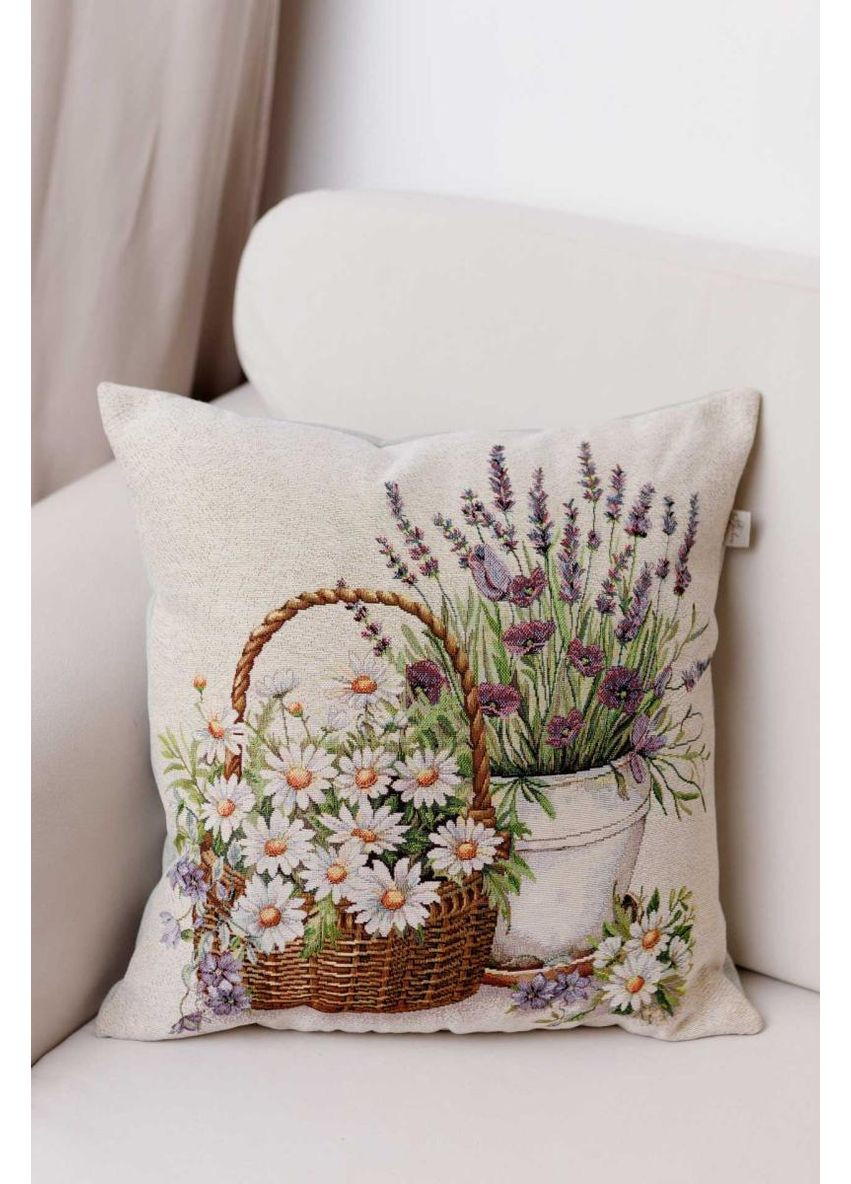 Декоративная наволочка Ромашки в корзине 45х45 см для дома и интерьера подушка для весеннего декора. ProDobro (369378124)