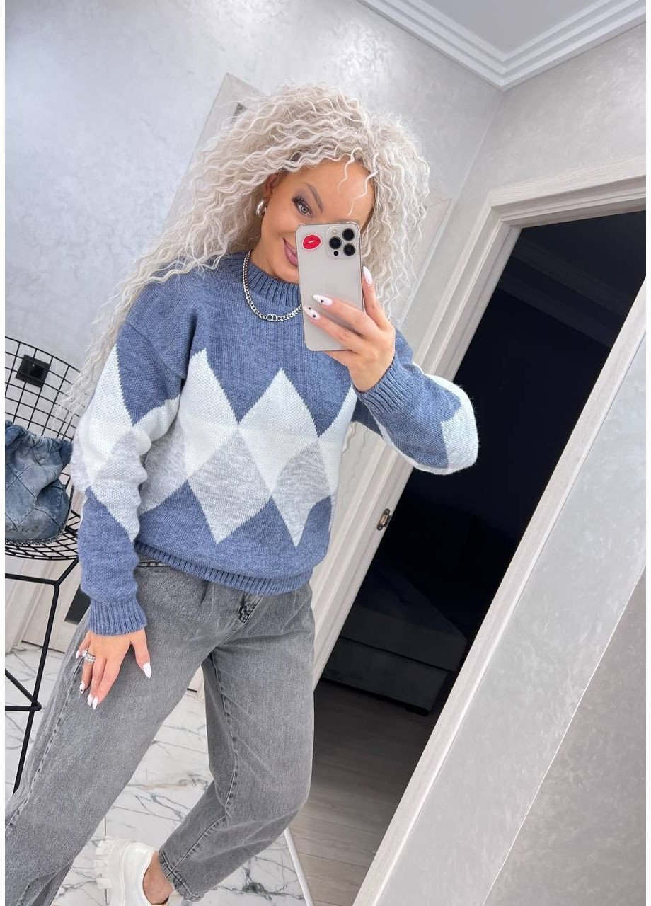 Блакитний демісезонний жіночий в'язаний светр з низьким горлом кольору 00366 No Brand