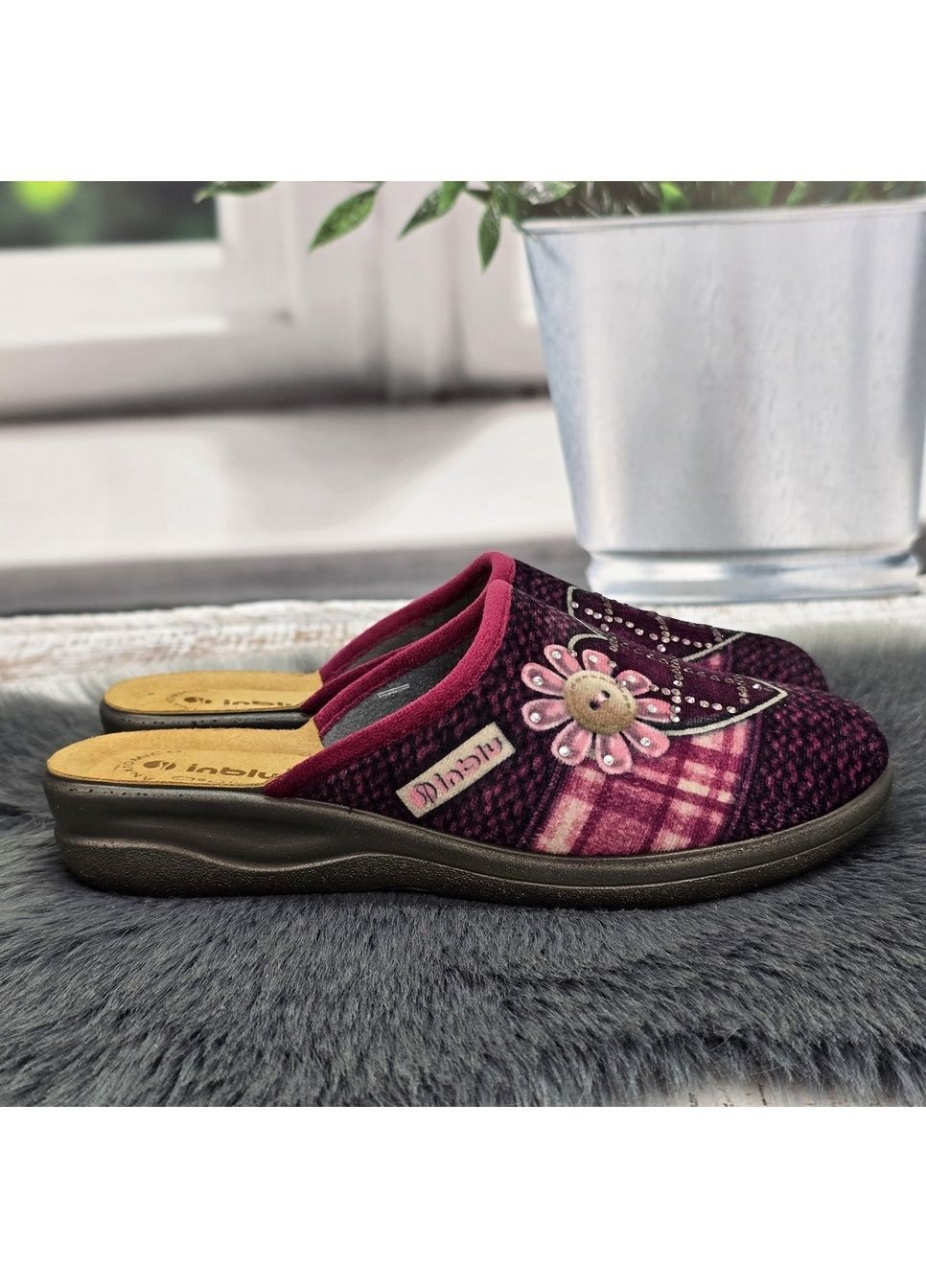 Тапочки жіночі для дому сливові велюрові зі шкіряною устілкою на танкетці Inblu (366144489)