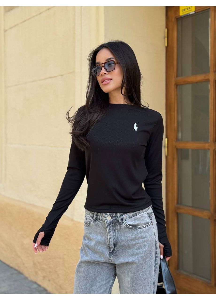 Женский лонгслив рубчик с вырезом для пальчика с накатом на груди черный You Best (359380554)