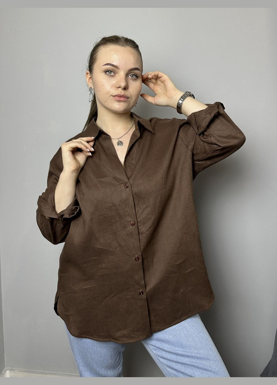 Коричнева блуза жіноча лляна базова коричнева напівбатал mktrg3579-4 Modna KAZKA