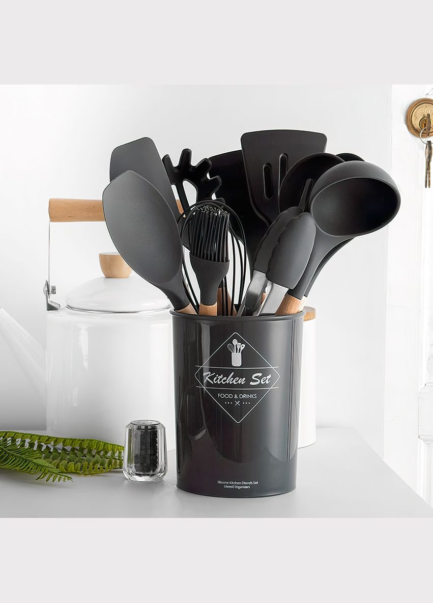 Набор кухонных принадлежностей из силикона и дерева с подставкой Kitchen Set 12 предметов Черный (HA-50) No Brand (334011310)