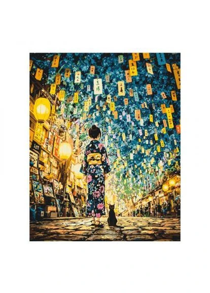 Картина за номерами Японська ніч. Дівчина з котом 40*50 см (TS01091996281551) Origami (389397585)