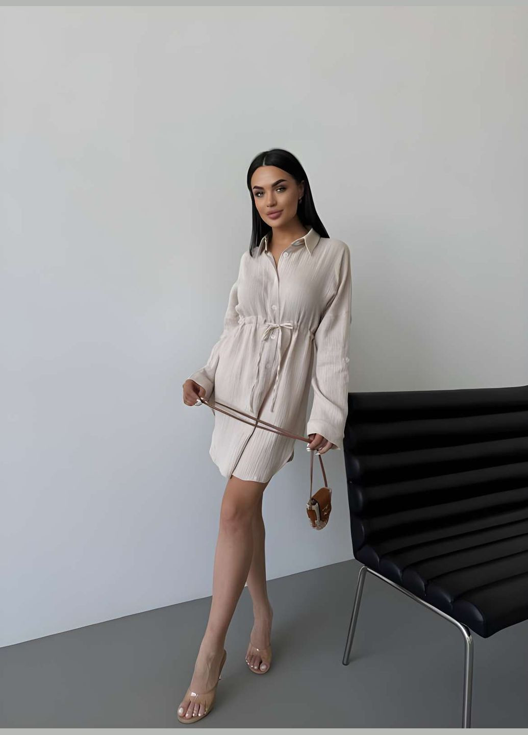 Бежева пляжна, повсякденний, кежуал жіноча літня сукня-сорочка на гудзиках муслінова бежева Україна