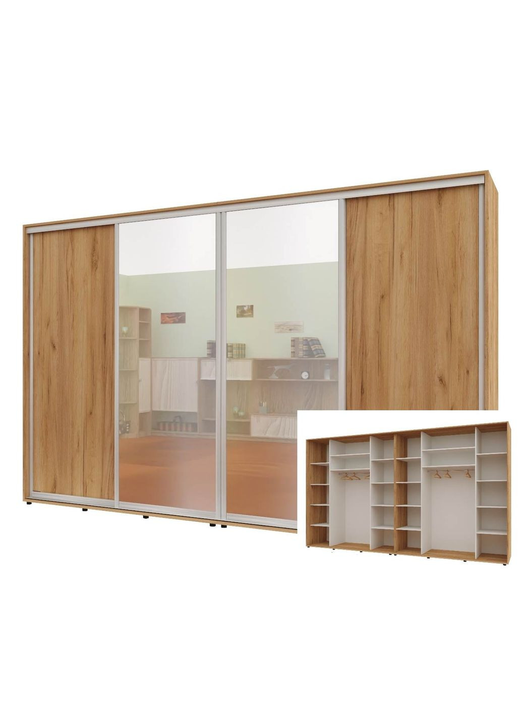 Шафа-купе чотиридверна 340*60*220 см Дуб золотий ДСП + Дзеркало + Дзеркало + ДСП Максі Комфорт Меблі (360435876)