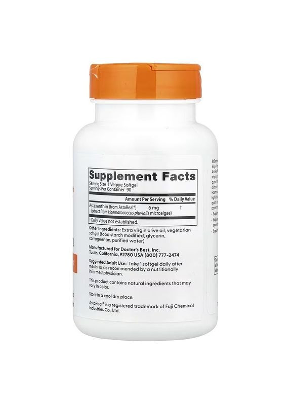 Астаксантин, 6 мг, Astaxanthin,, 90 вегетаріанських капсул Doctor's Best (330626566)