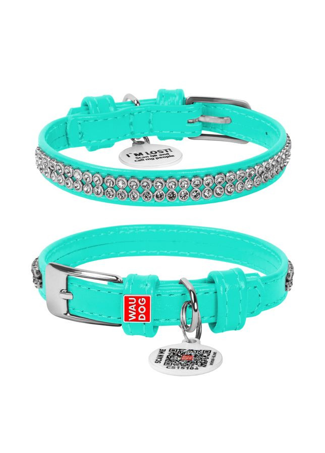 Нашийник для собак шкіряний Glamour з QR паспортом, з прикрасою "Полотно стрази",, Ш 9 мм, Дов 18-21 см ментоловий WAUDOG (322001368)