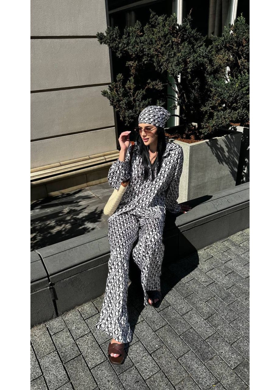 Женский шелковый костюм с принтом: рубашка + штаны палаццо + платок Україна (354693263)