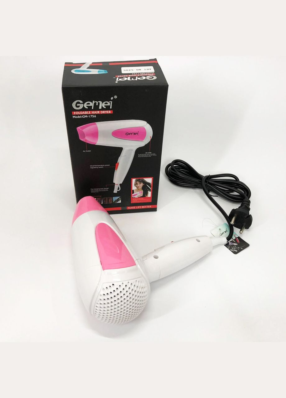 Фен для волос складной дорожный GM-1756 1200 Вт, Домашний фен для укладки. Цвет: розовый Gemei (364665025)