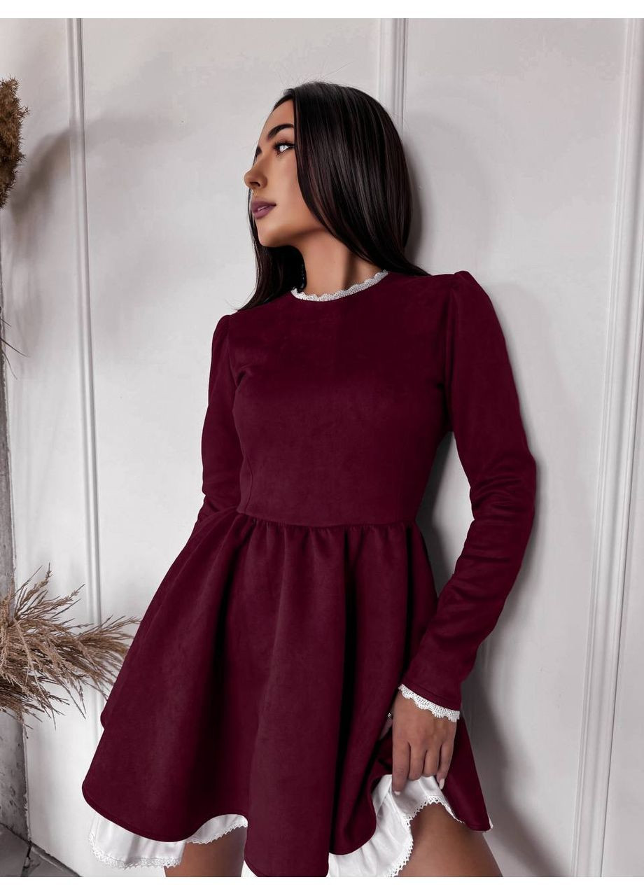 Бордовое платье 10495 замш на дайвинге,турция,с белым котоном Україна