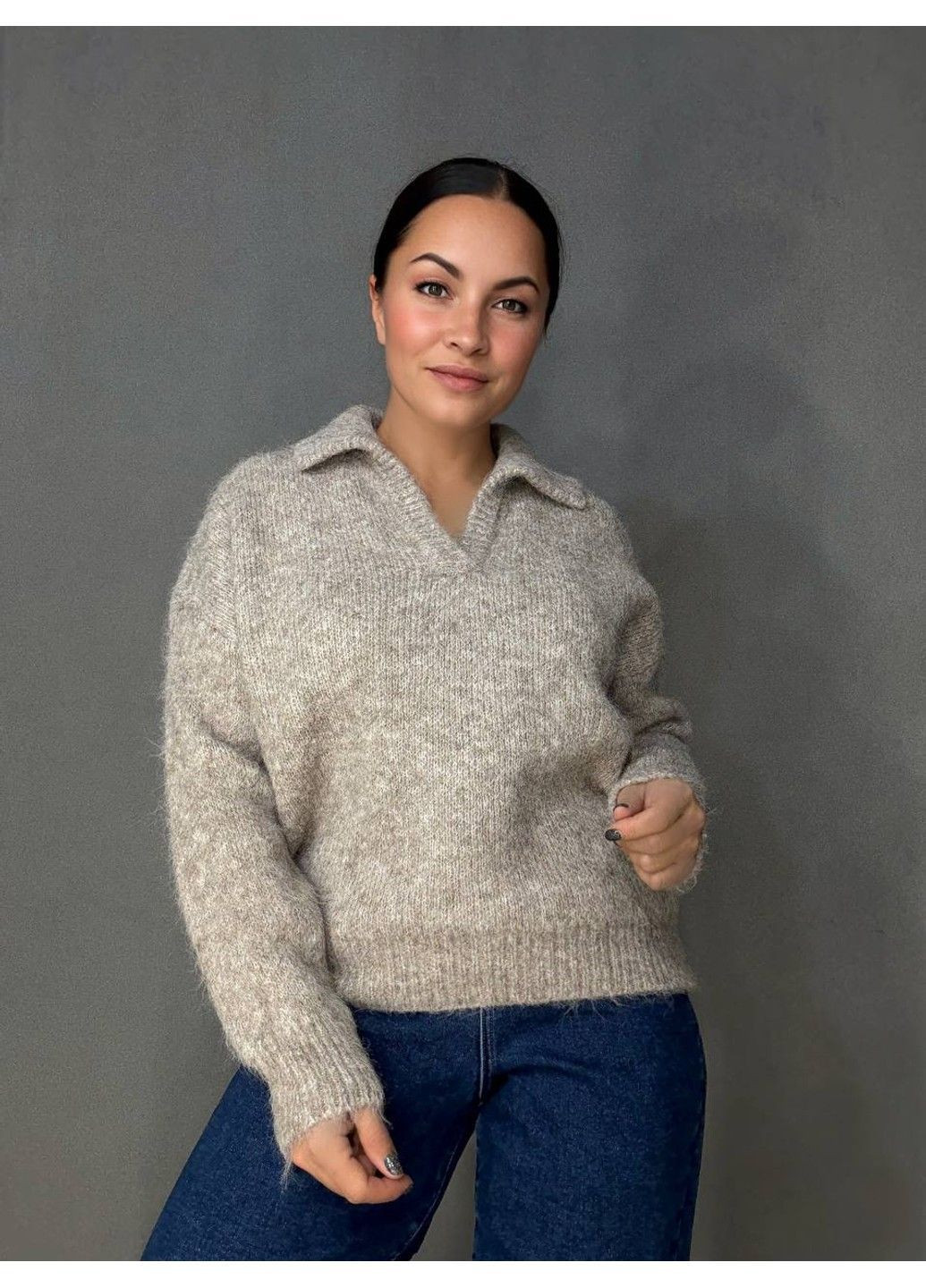 Бежевый демисезонный свитер женский a-n 19-1 с воротником поло теплый свободный No Brand