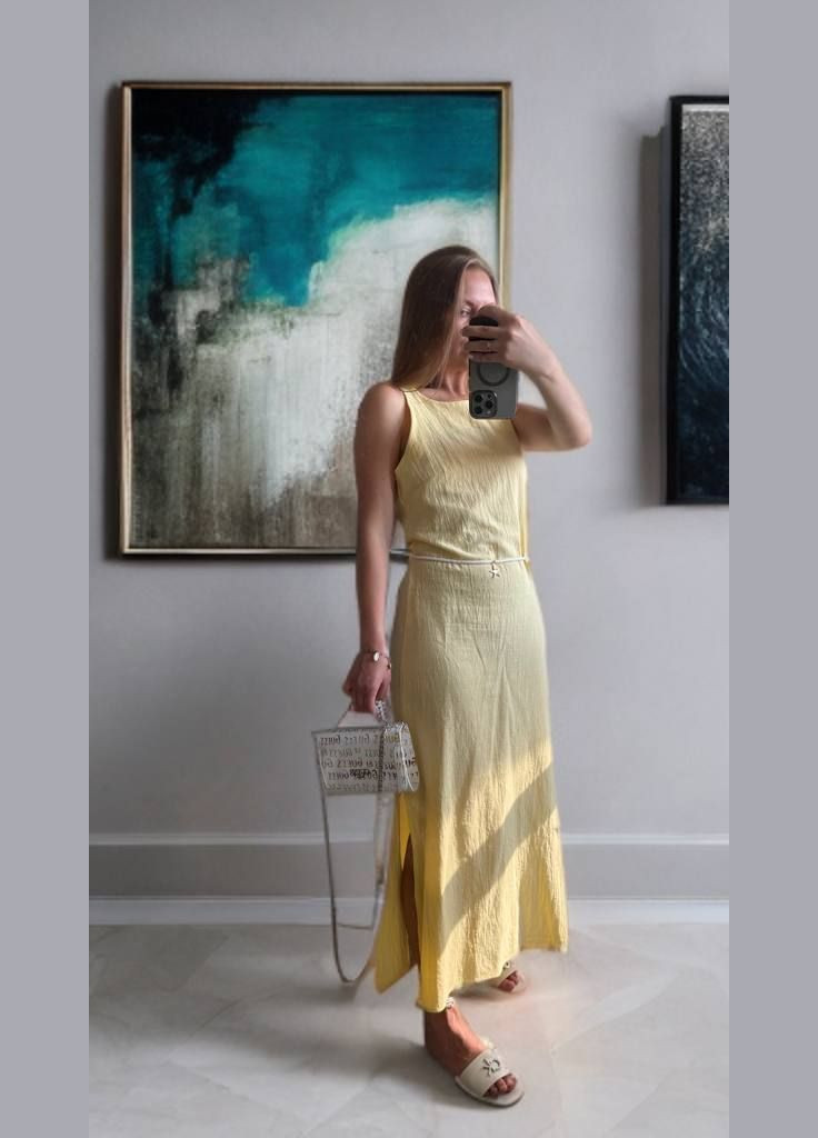 Жовтий кежуал лляна літня сукня вільного крою а-силует Adelante однотонна