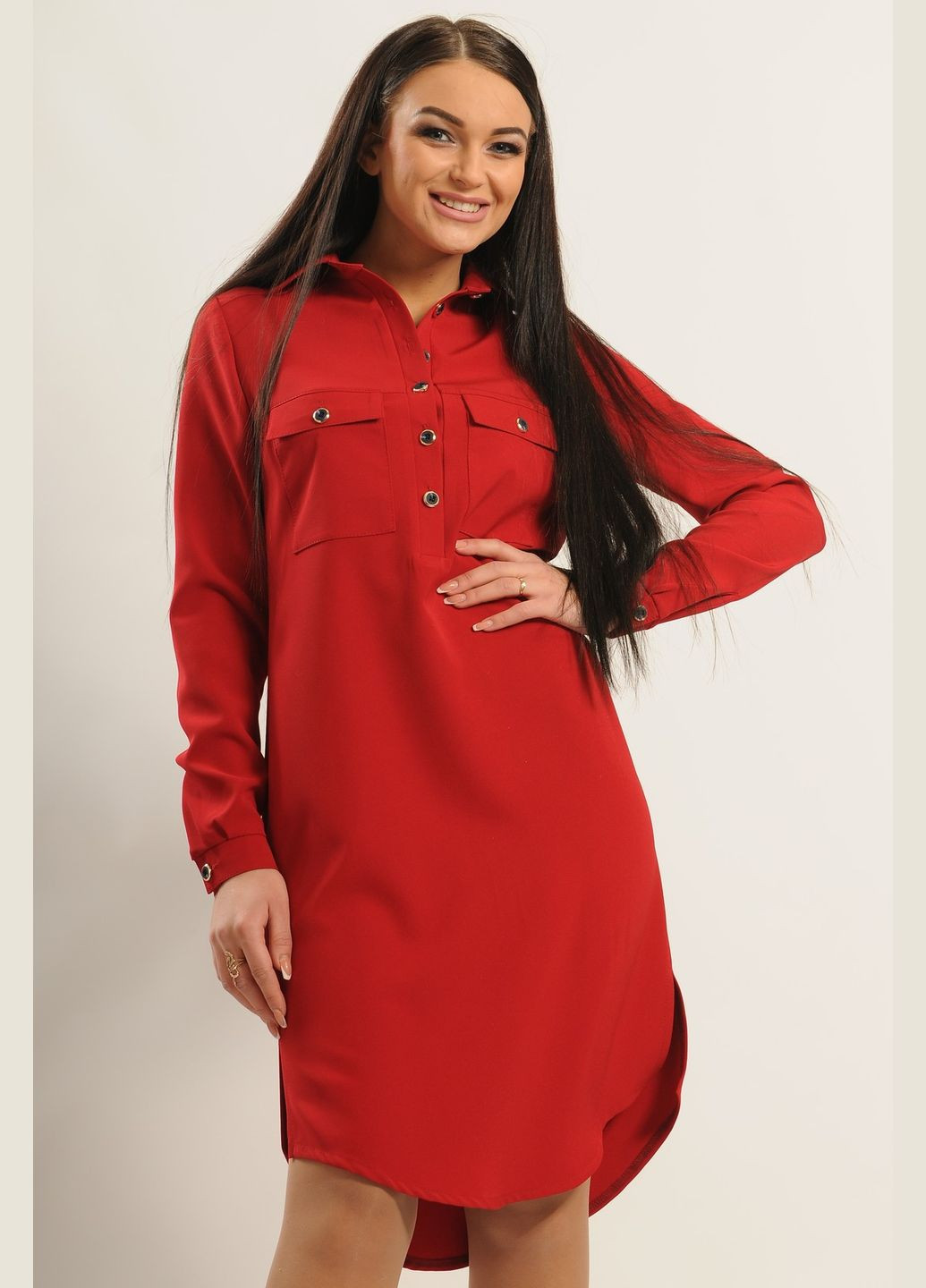 Красное повседневный платье-рубашка с воротником-стойкой и фигурным низом с разрезами (вл 5.1-44/16) RiMari