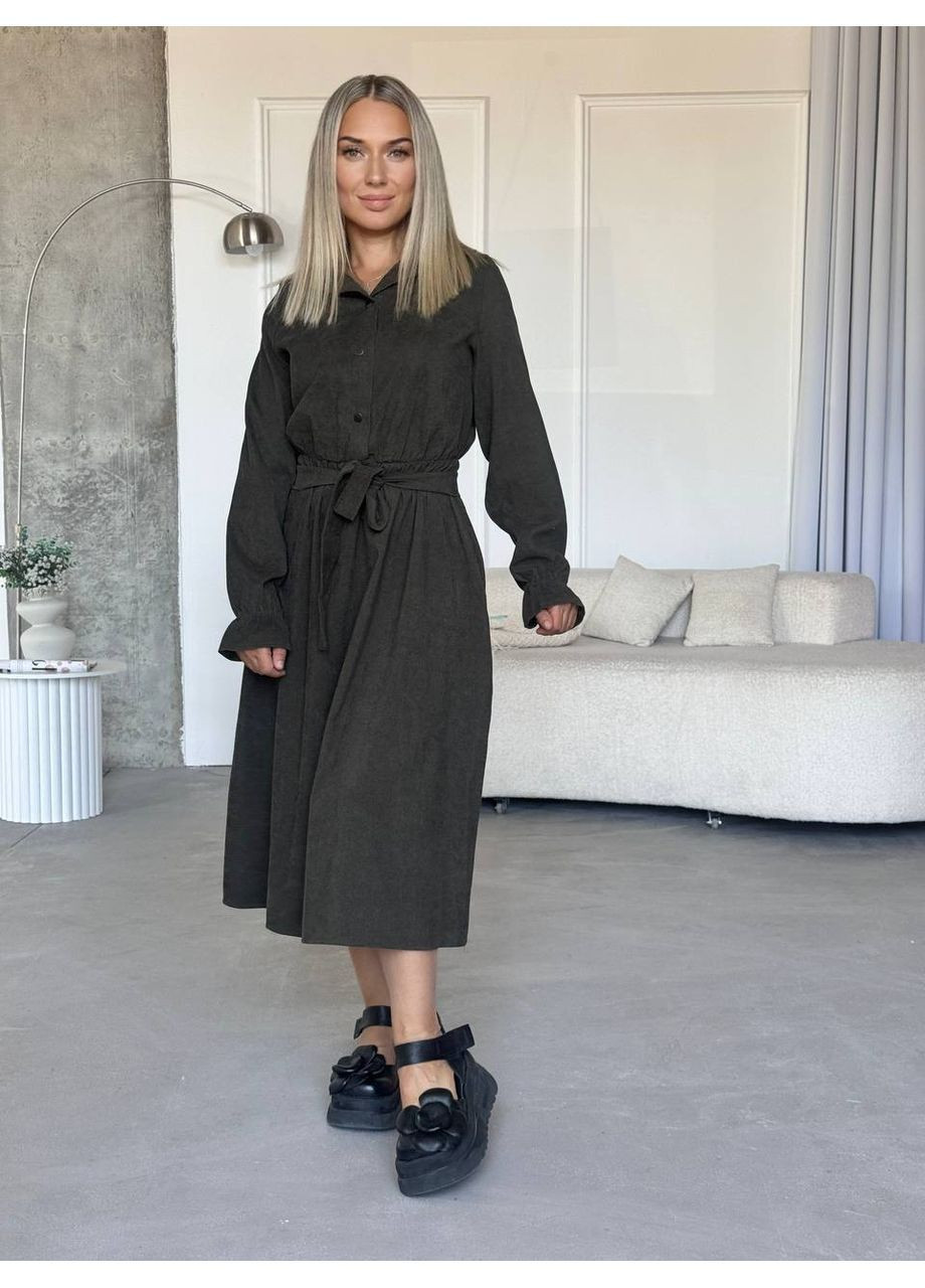 Черное платье меди вельвет на х/б основе, длинные рукава, с карманами и поясом Україна