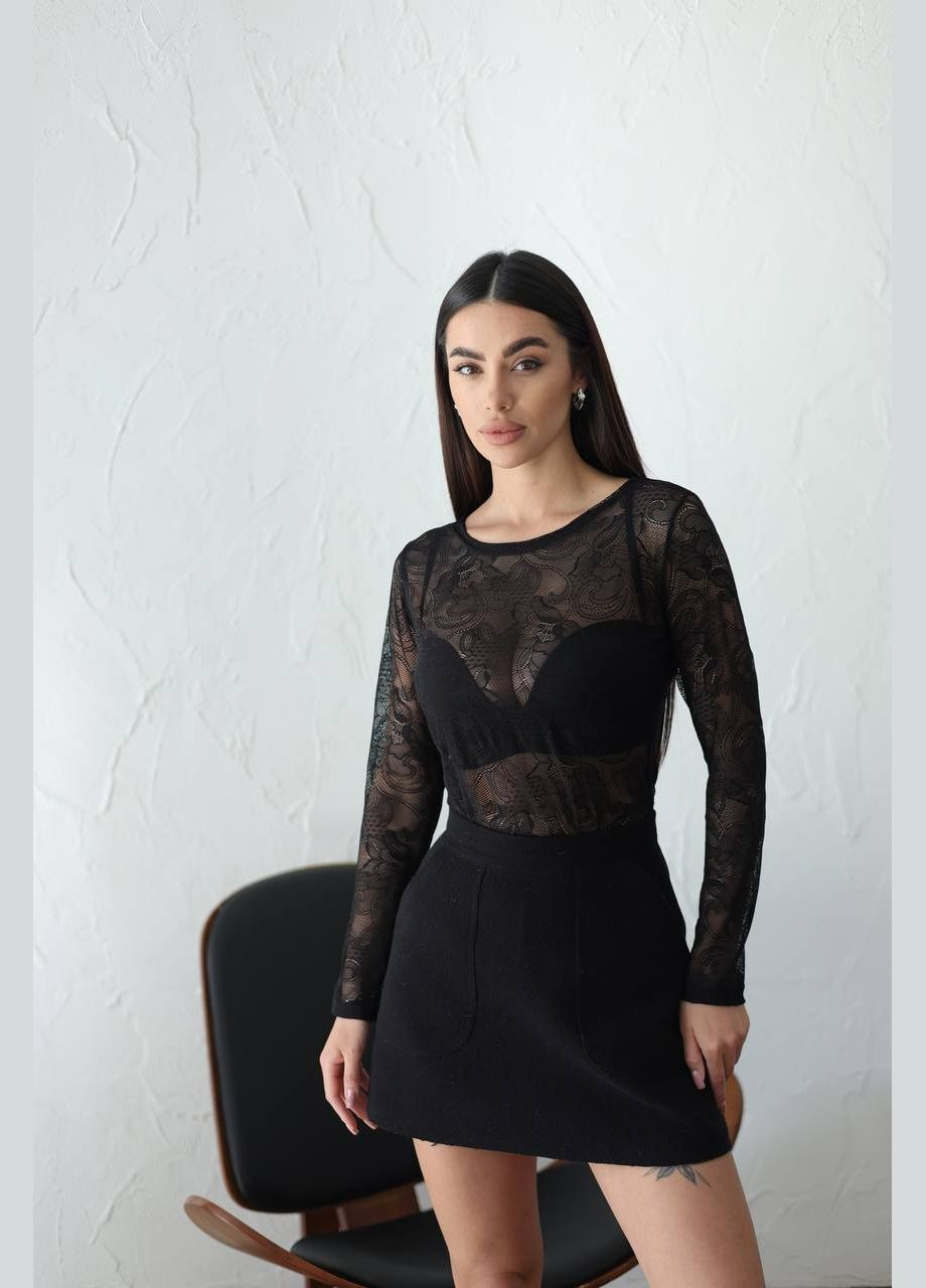 Жіночий лонгслів з мережива чорного кольору 31845 No Brand (323642183)