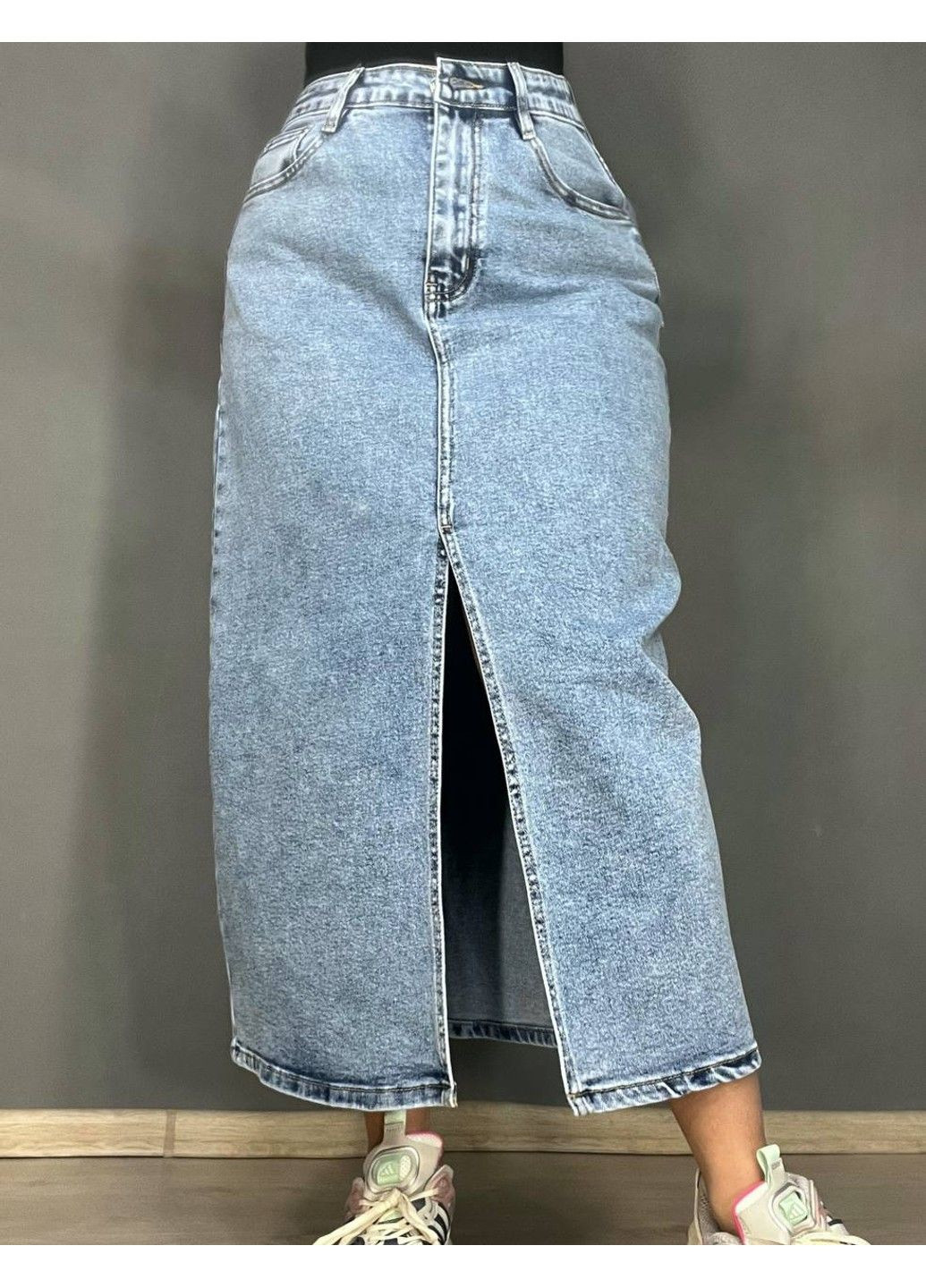 Спідниця жіноча джинсова 505 довга великі розміри з розрізом стрейч блакитна Moss (328057021)