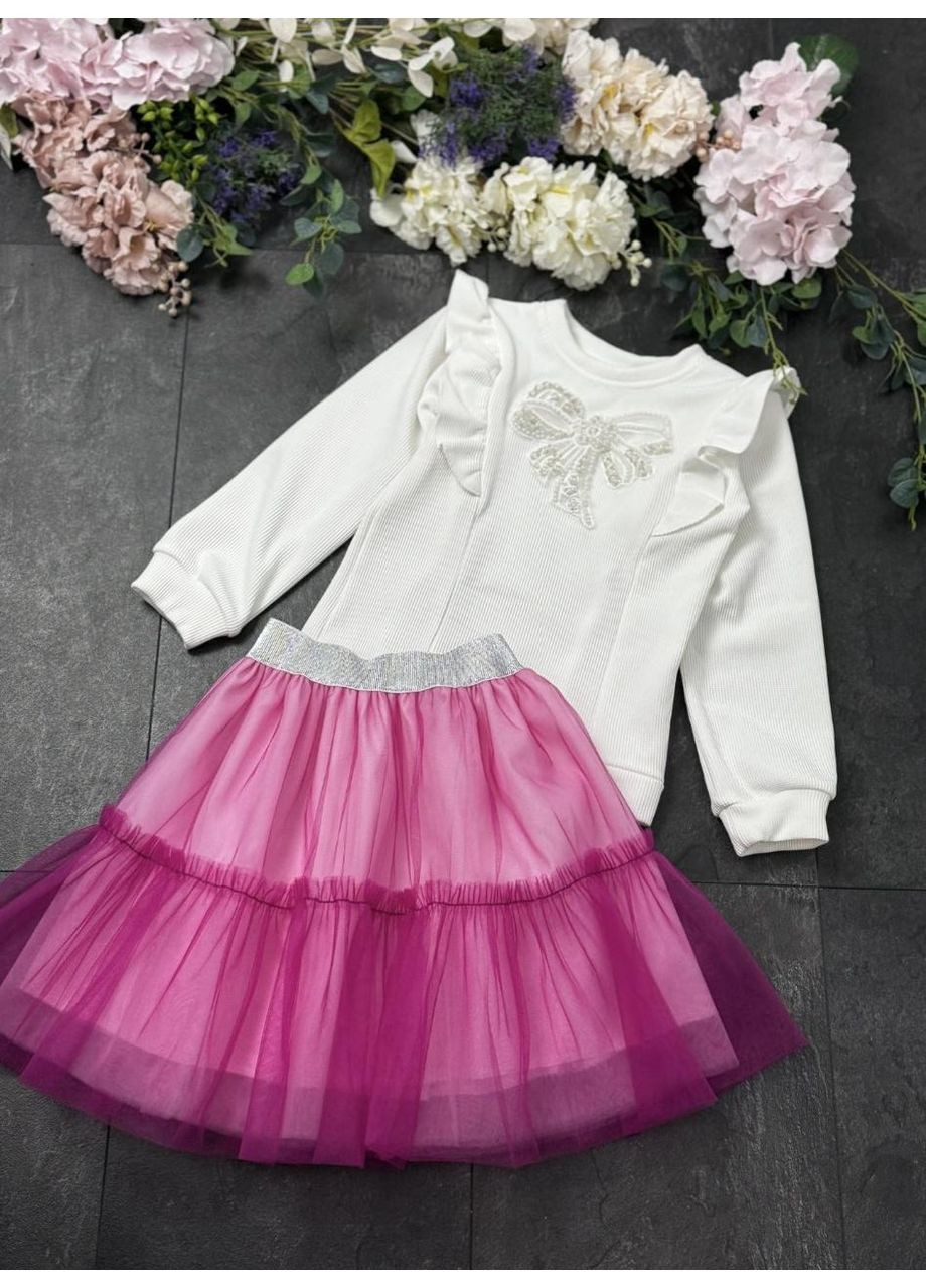 Малиновий демісезонний дитячий святковий комплект: кофта з принтом та пишна фатинова спідниця біло - малиновий Kodi
