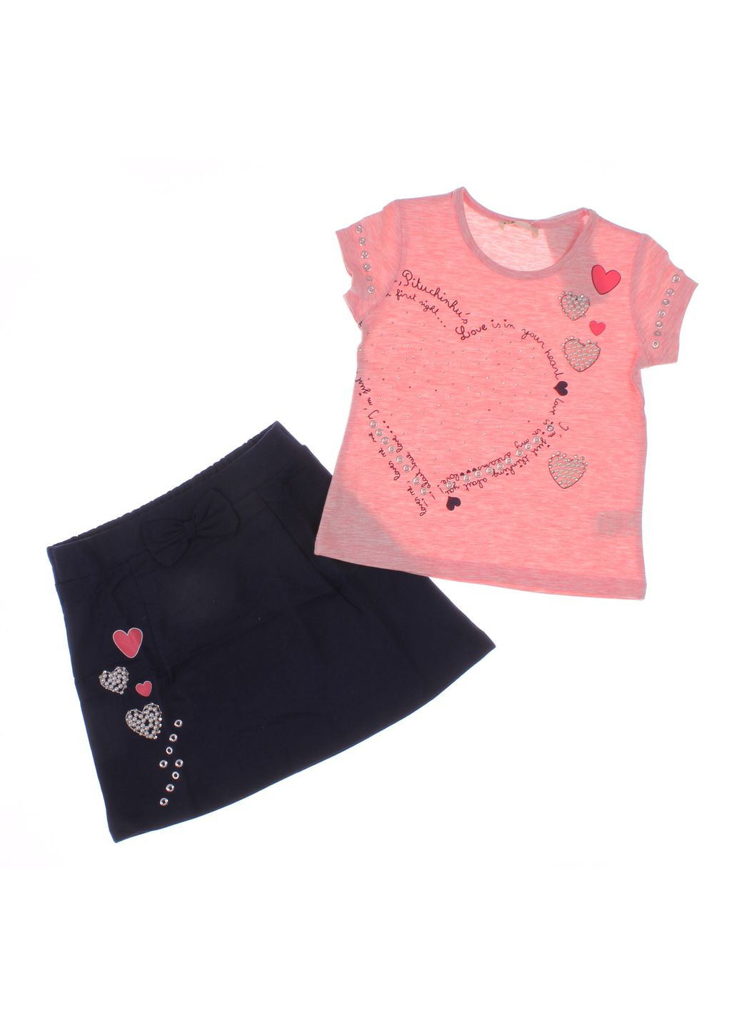 Персиковий літній футболка + спідниця 11839 персиковий меланжевий і темно синій Breeze