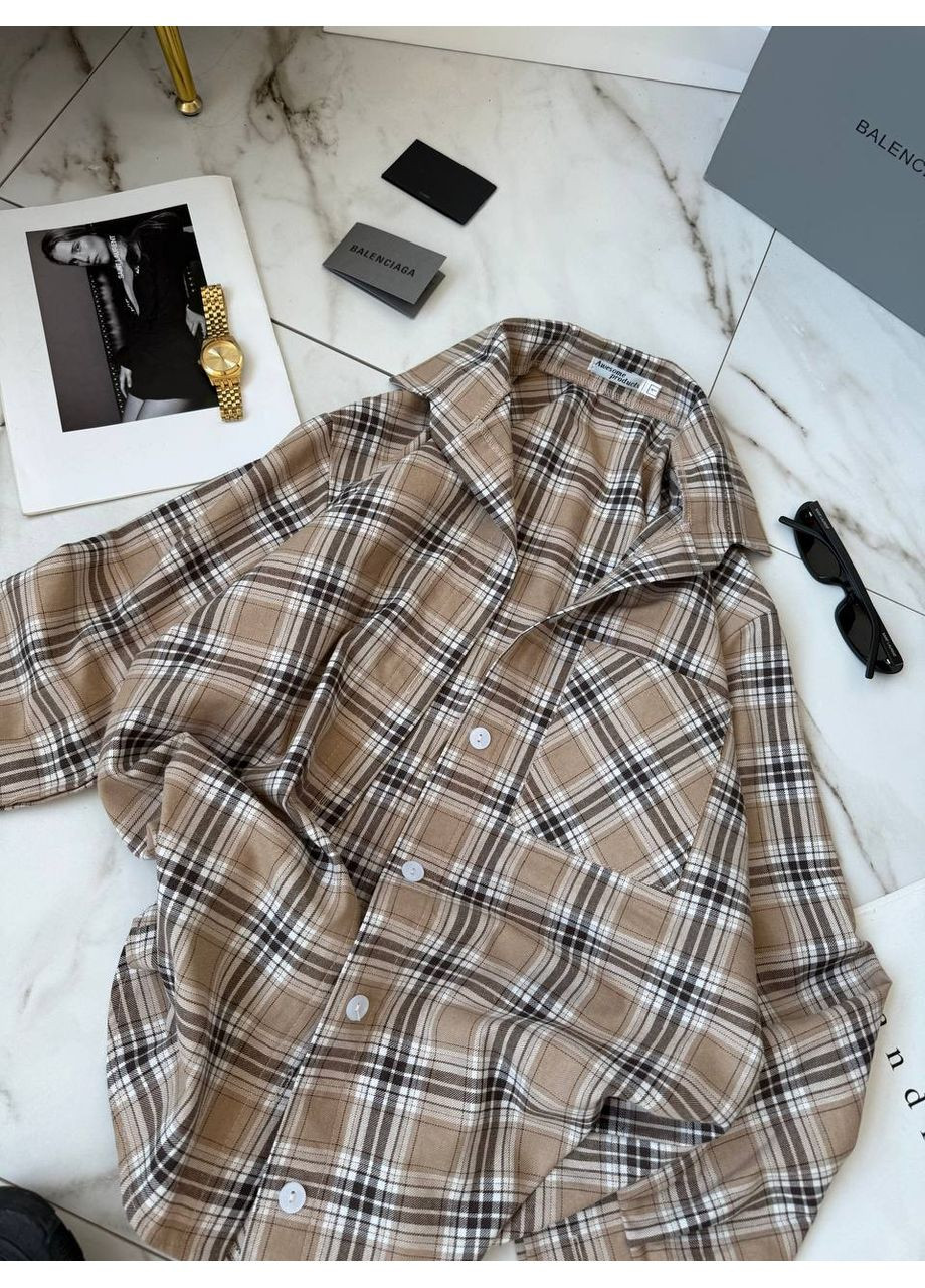 Бежевая повседневный рубашка в клетку Гермес с длинным рукавом