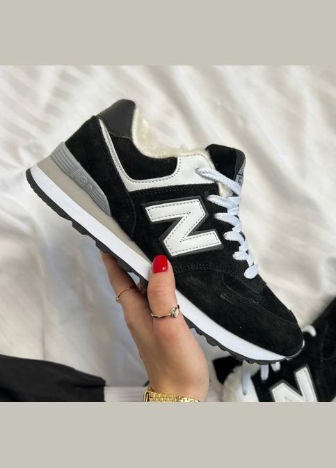 Кроссовки зимние женские New Balance 574 winter black white fur | Нью Беланс 574 черные белые с мехом No Brand чёрные зима (308360701)