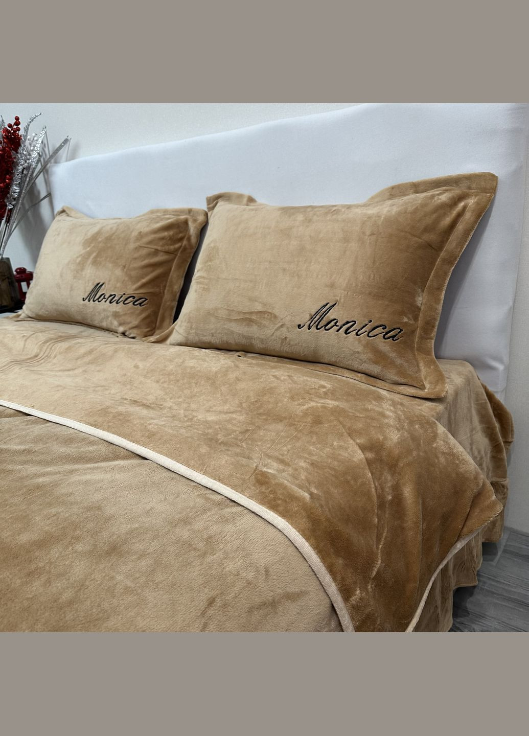Велюровий теплий комплект постільної білизни євро розміру горіхового кольору No Brand (315749964)