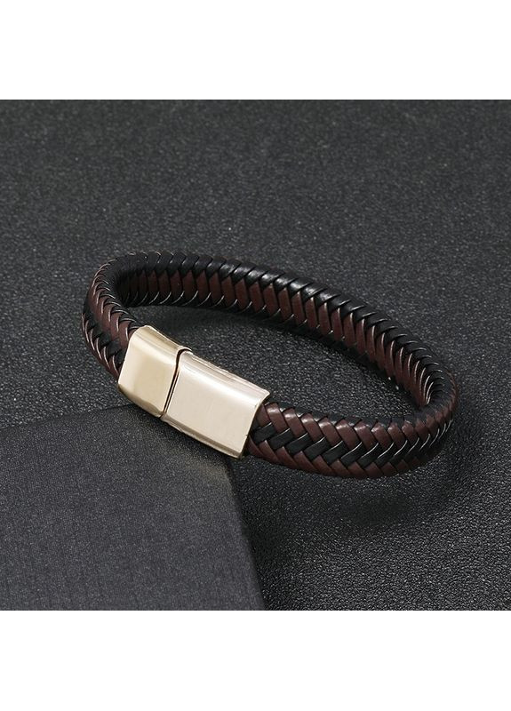 Шкіряний чоловічий браслет «Luxury» плетений з металевою вставкою (коричнево-чорний) China (367623338)