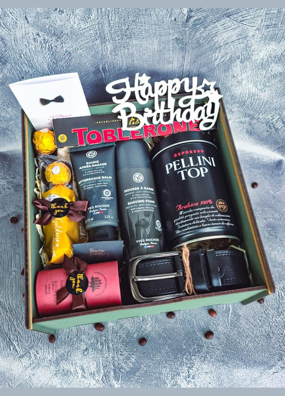 Мужской подарочный набор с ремнем, кофе, косметикой Yves Rocher и шоколадом в деревянной коробке. No Brand (340535682)