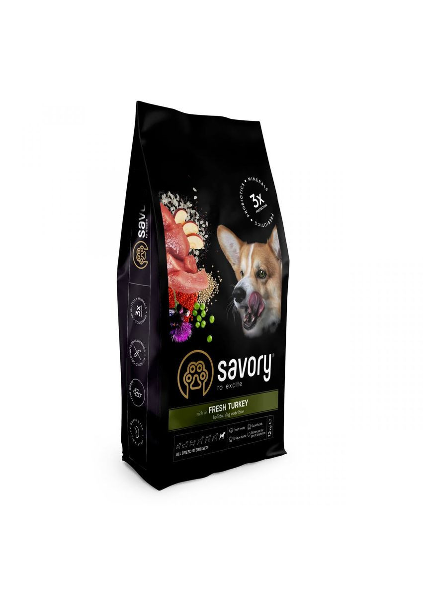 Корм для стерилізованих собак Fresh Turkey 12кг, з індичкою Savory (292258672)