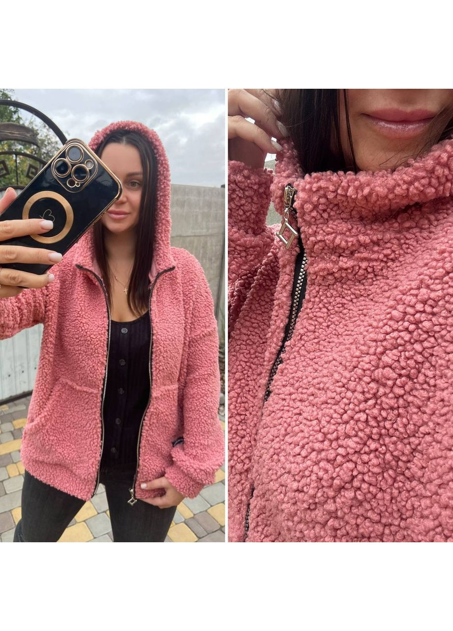 Пудровая куртка тедди без подклада, с капюшоном на молнии Україна