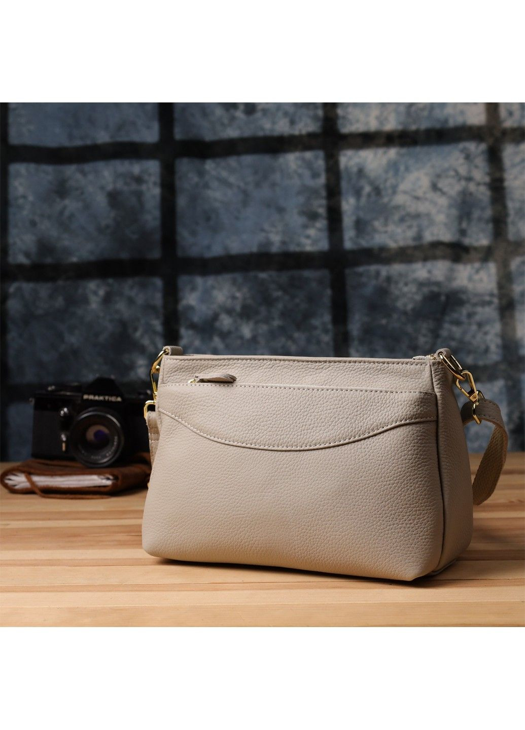 Женская элегантная сумка из натуральной кожи с жестким основанием 22985 Серый Vintage (357494939)