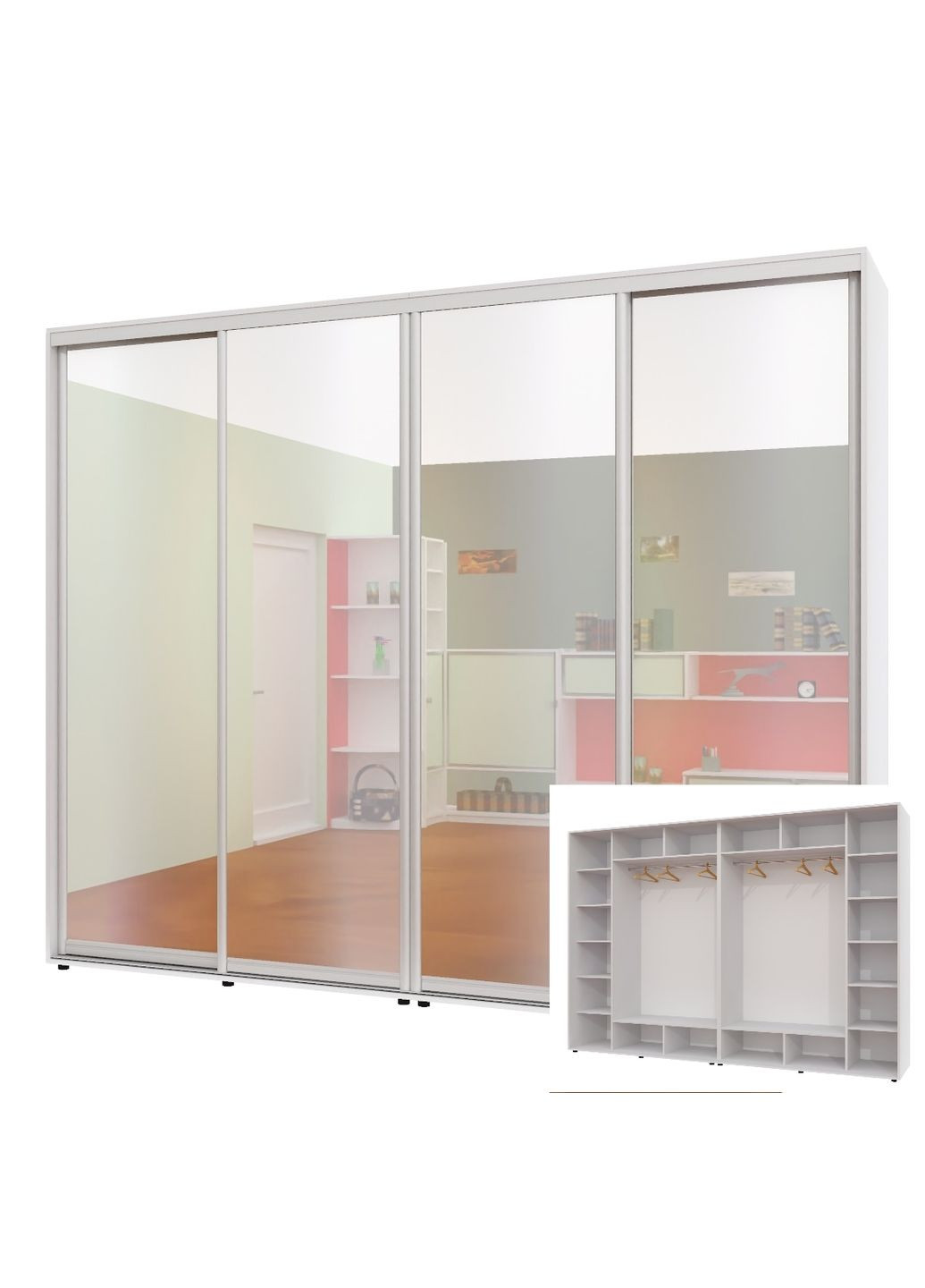 Шкаф-купе четырехдверный 300*60*250 см Белый 4 двери Зеркало ШК-02 Алекса (360439968)