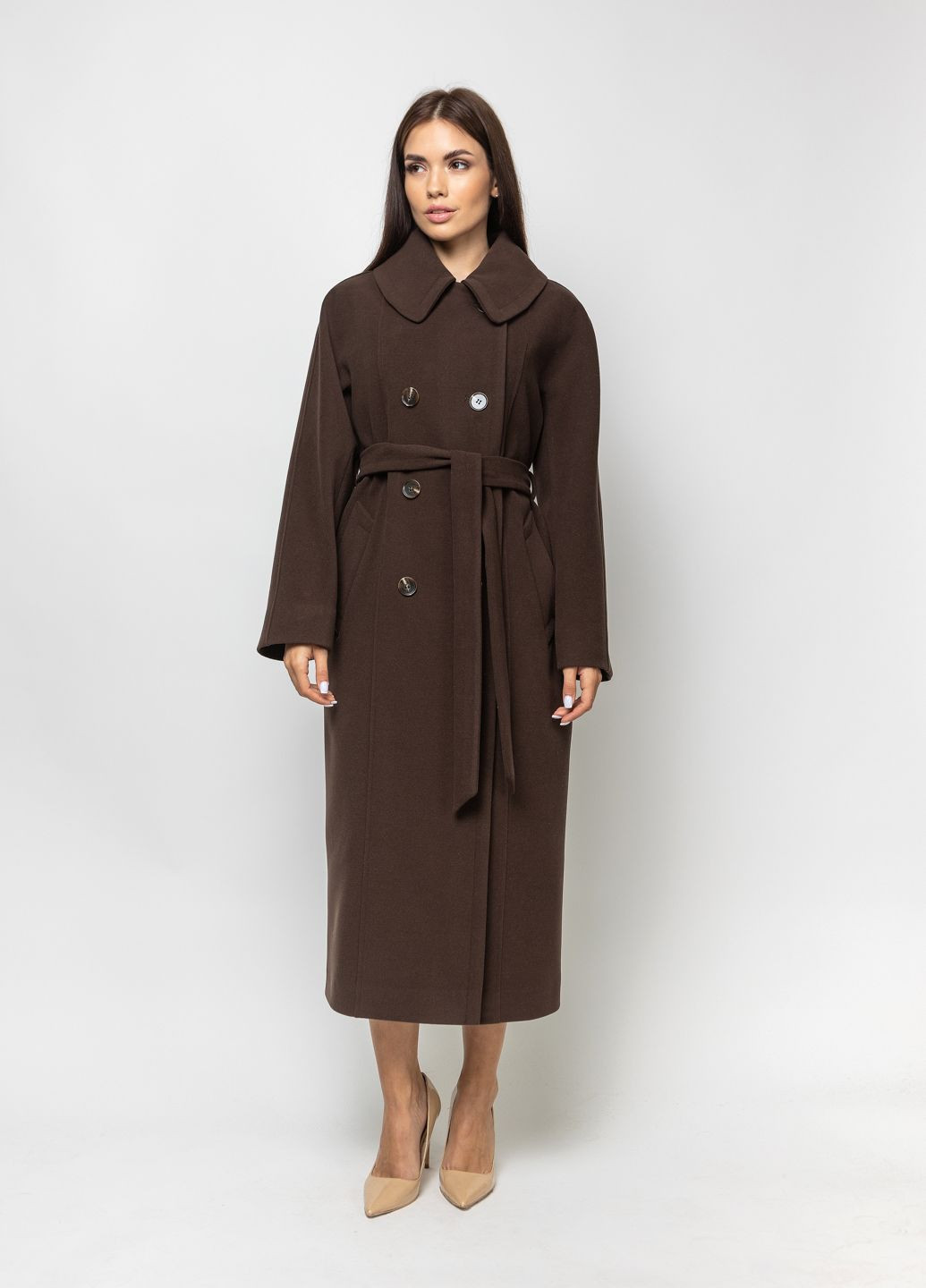 Темно-коричневое демисезонное Пальто Двубортное шоколад двубортное CHIUAS