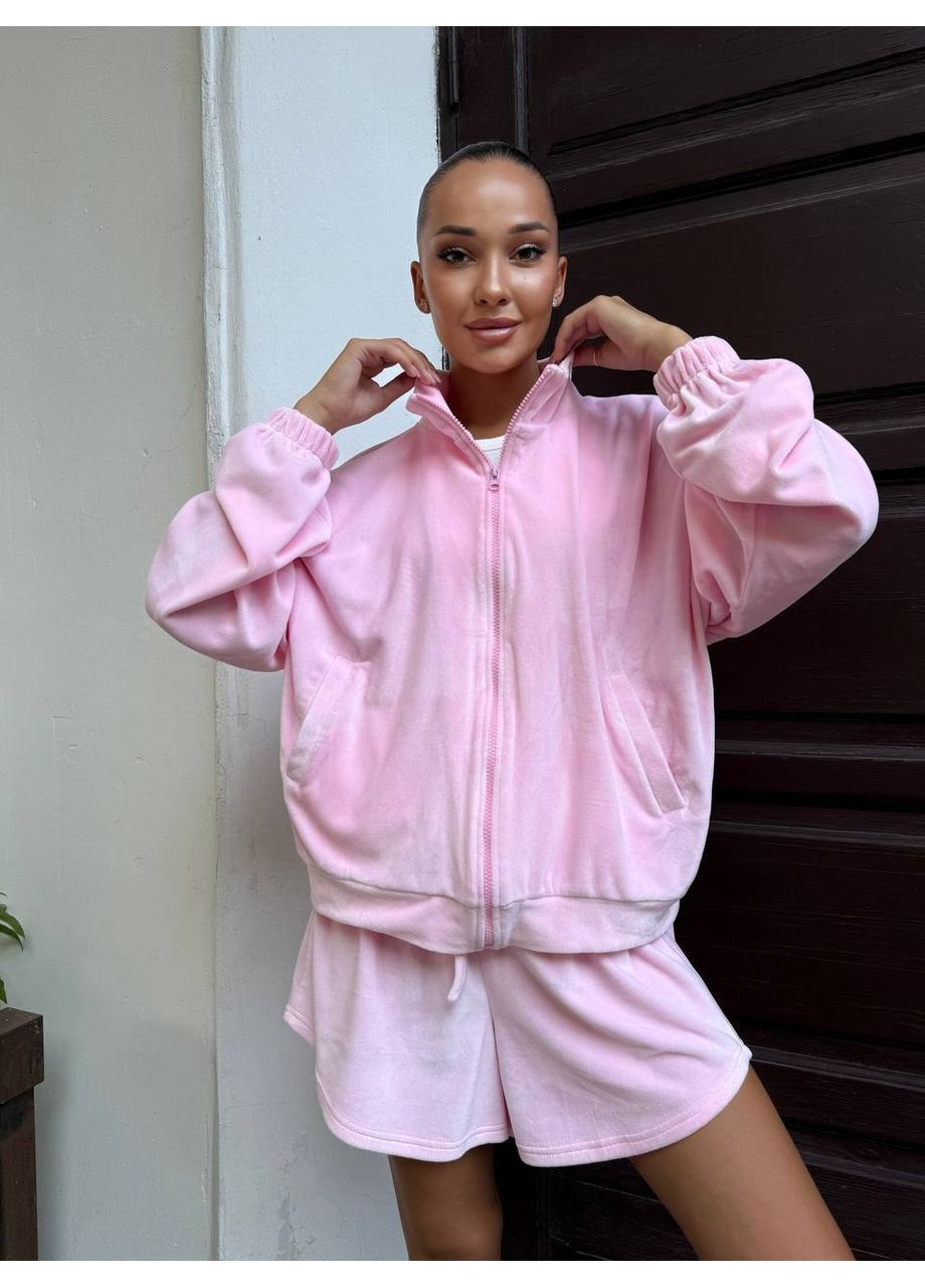 Женский велюровый костюм двойка: кофта на молнии и шорты с высокой посадкой MonCher (355340156)