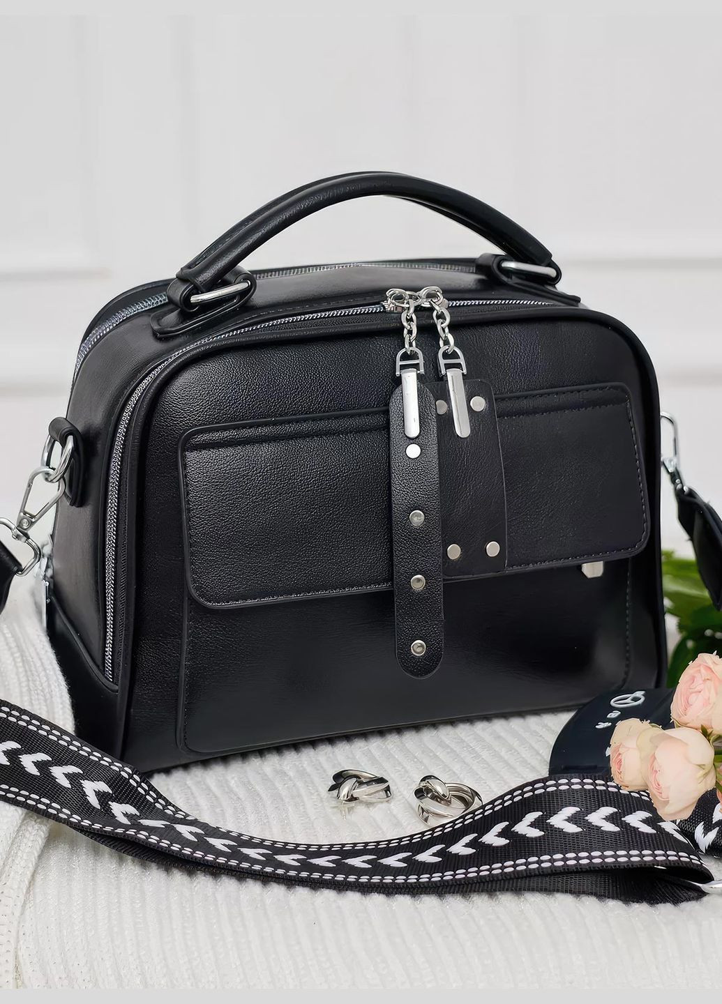 Женская сумка через плечо кросс боди большая вместительная сумка с широким ремнем сумочка женская Черный 70153 OnePro (329728214)