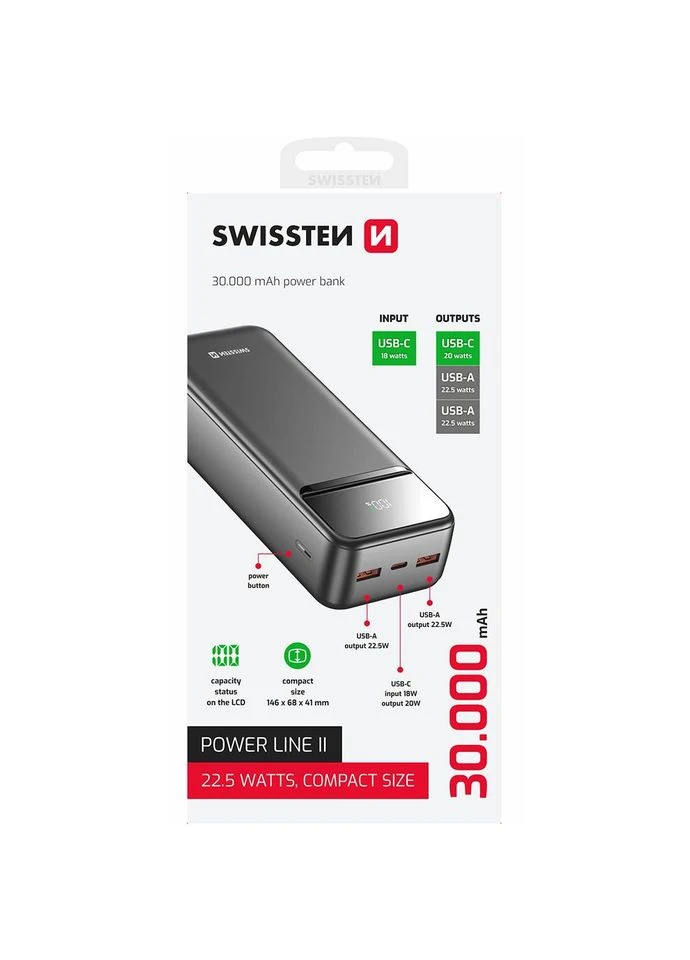 Powerbank 30000 мАч POWER LINE II 22.5 Вт PD Black (8595217490635) SWISSTEN (388427000)
