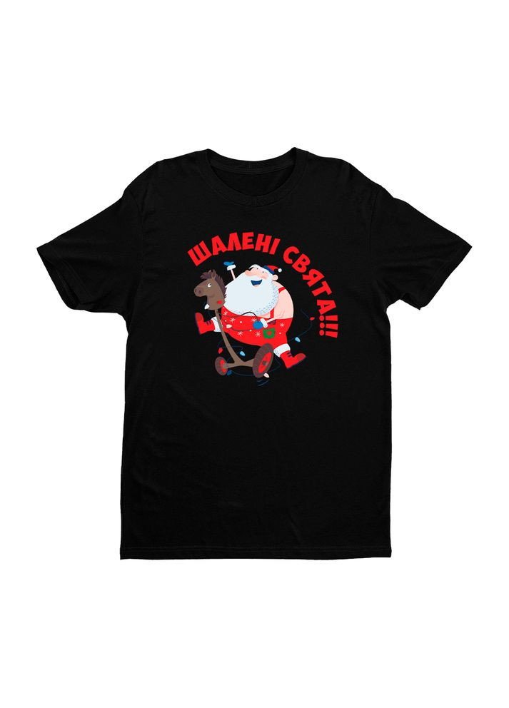 Чорна футболка чорна з оригінальним новорічним принтом санта на коні. шалені свята» фп013134(s) з коротким рукавом Кавун футболка