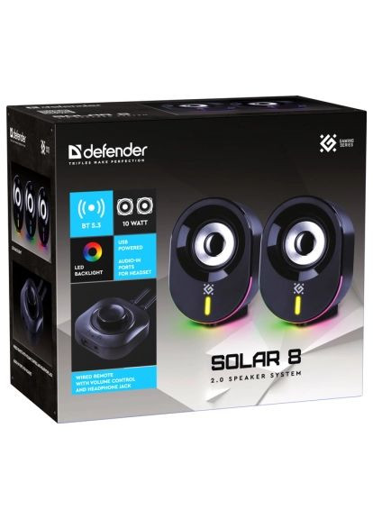 Акустическая система (65938) Defender Solar 8 LED Bluetooth USB Black (366157099)