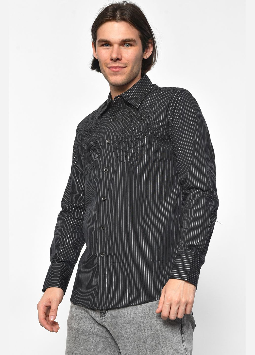 Сорочка чоловіча батальна чорного кольору в смужку Let's Shop (293055926)
