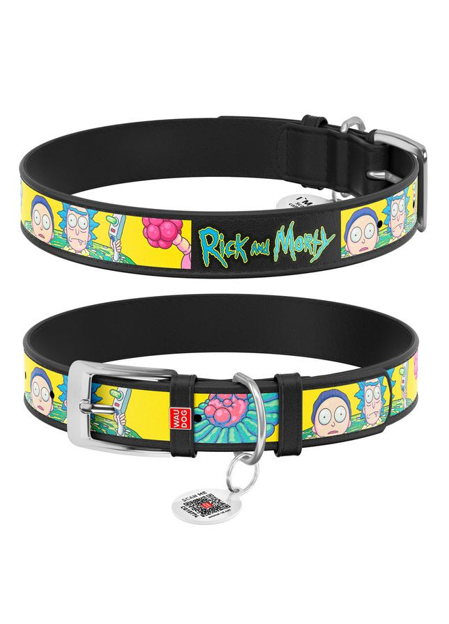 Нашийник для собак шкіряний WAUDOG Design з QR паспортом, малюнок "Рік та Морті 1",, Ш 25 мм, Д 38-49 см чорний Collar (363197813)