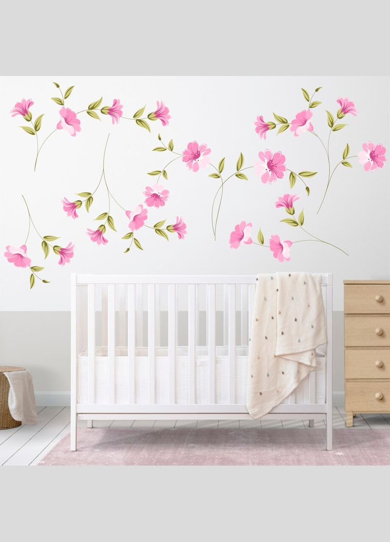 Виниловая интерьерная на стену, обои и другие поверхности "Розовые цветочки с листьями" Кавун наклейка (316189885)