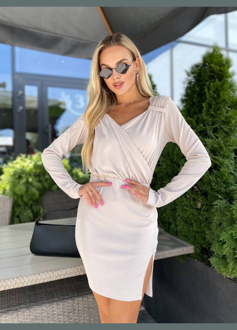 Бежева повсякденний, святковий жіноча сукня міні з розрізом футляр Україна однотонна