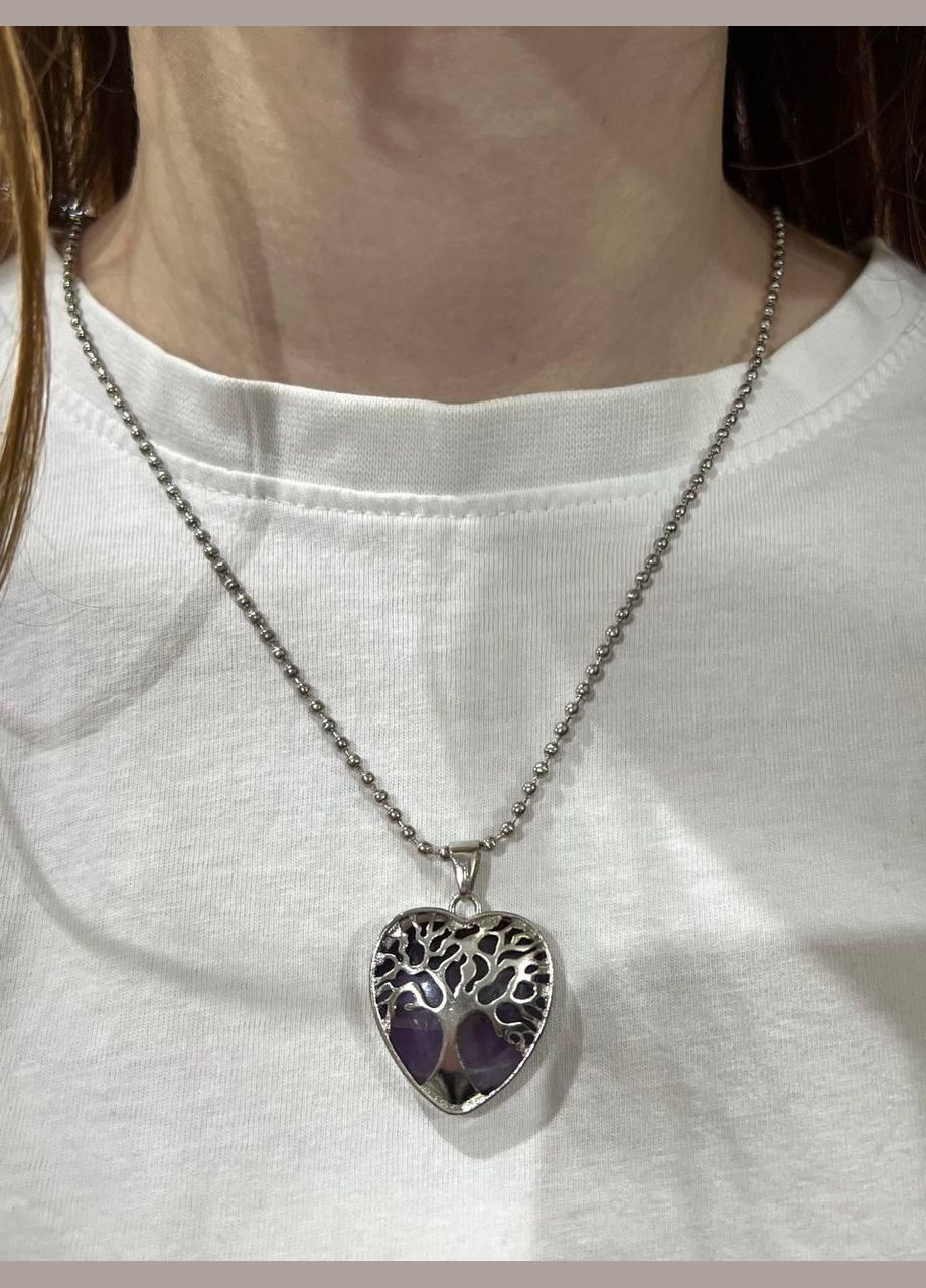Кулон с натуральным камнем Аметист в оправе "Древо жизни в сердце" на цепочке в подарочной коробочке Овен (331291875)