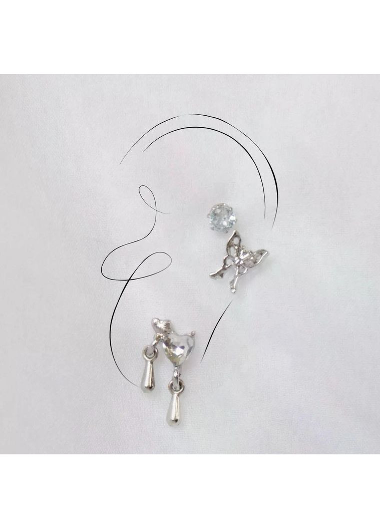 Набір міні сережок 3 пари мінімалістичні з метеликами серцями кристалами казкові пусети 6 штук fairycore гвоздики фентезі y2k No Brand (358936023)